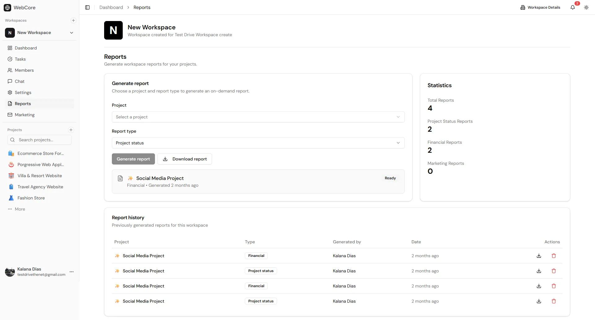 webcore reports page
